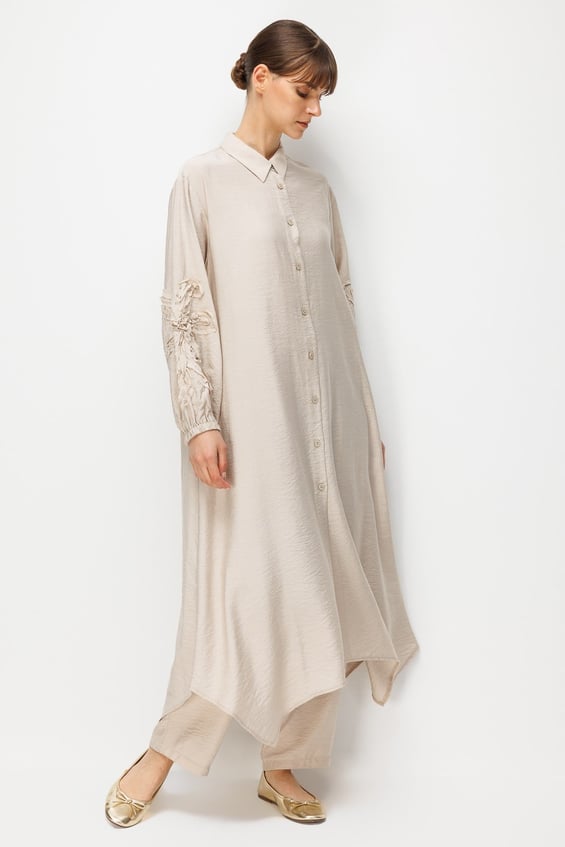 Goldy %85 LyoCELL Soft Kumaştan Kol El İşi İşleme Detaylı Zamansız Maxi Tunik Kap-Taş