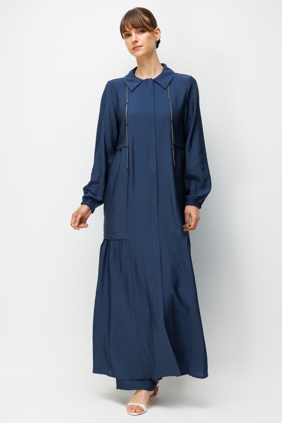 Goldy Maxi-Tunika-Kleid aus 85 % LyoCELL-Stoff, zeitlos, mit Kragenkette und passendem Accessoire – Marineblau