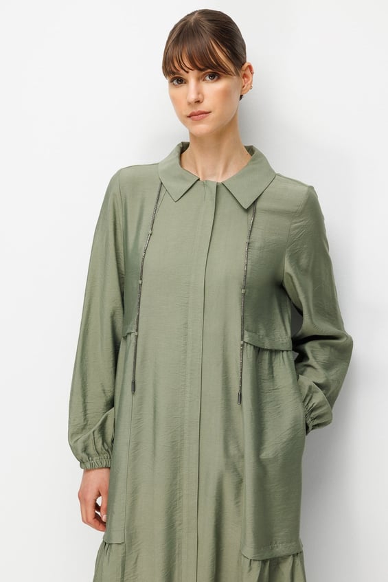 Goldy 85% LyoCELL Soft Fabric Timeless Maxi Tunika-Kleid mit Kragenkette - Khaki