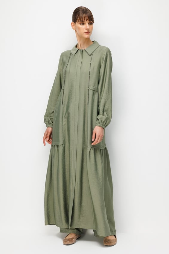 Goldy 85% LyoCELL Soft Fabric Timeless Maxi Tunika-Kleid mit Kragenkette - Khaki