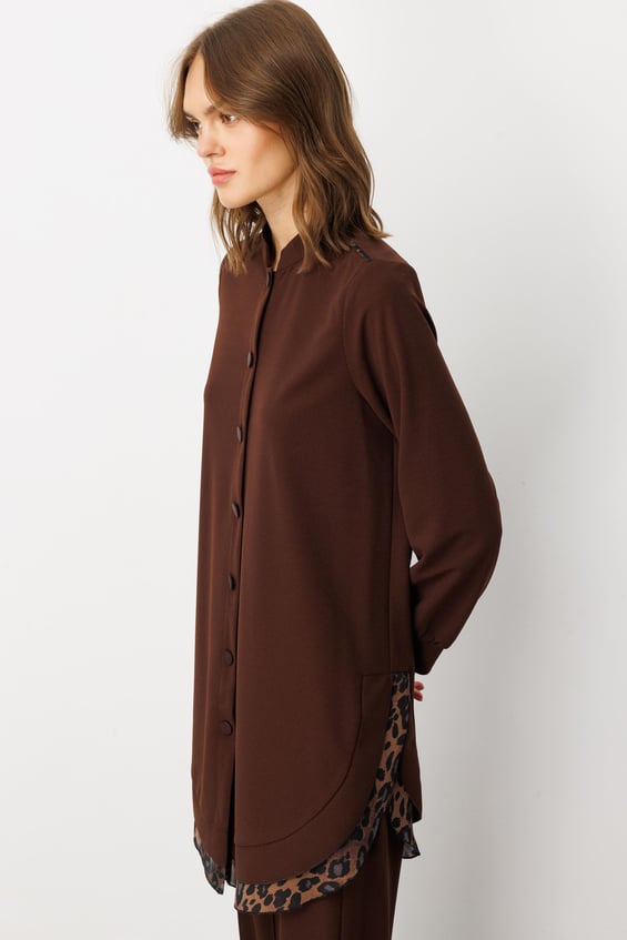 Bəbir Şifon Bəzəkli Detallı Krep Stretch Parça Cape Abaya - Qəhvə