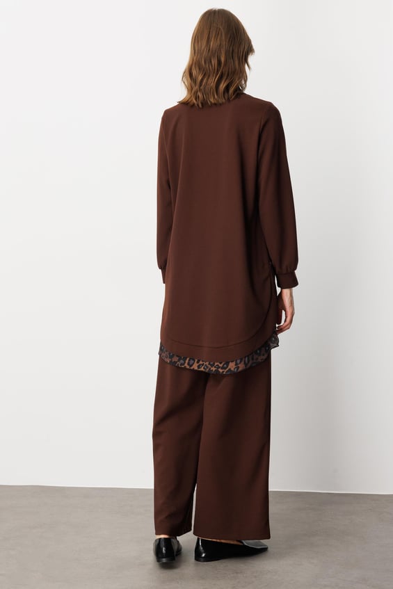 Bəbir Şifon Bəzəkli Detallı Krep Stretch Parça Cape Abaya - Qəhvə