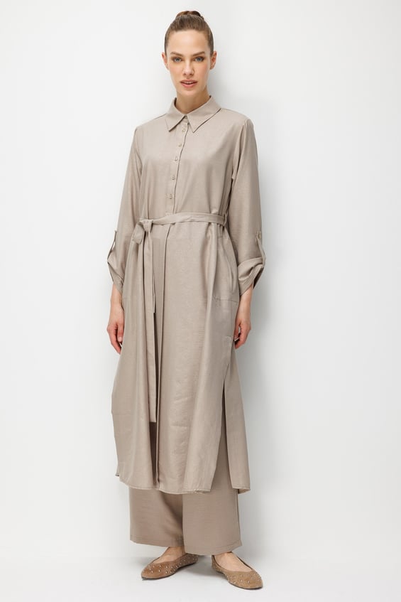 Kum Desen Maxi Tunik ve Pantalon Kombin Takım-Taş