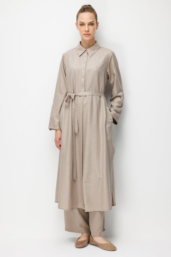 Kum Desen Maxi Tunik ve Pantalon Kombin Takım-Taş