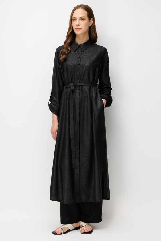 Kum Desen Maxi Tunik ve Pantalon Kombin Takım-Siyah