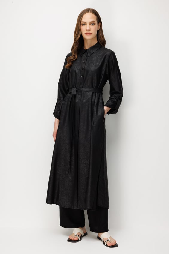 Kum Desen Maxi Tunik ve Pantalon Kombin Takım-Siyah