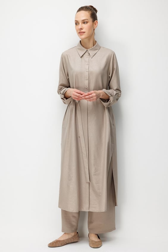Kum Desen Maxi Tunik ve Pantalon Kombin Takım-Taş