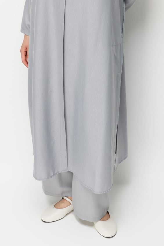 Kum Desen Maxi Tunik ve Pantalon Kombin Takım-Gri