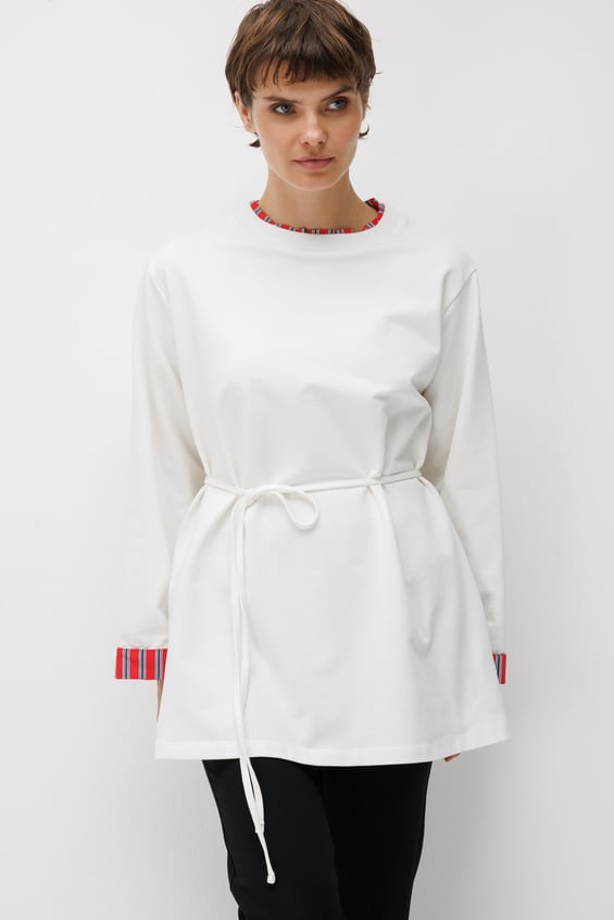 Linea Çizgili Garnili Kuşaklı Tunik Sweat-Ekru