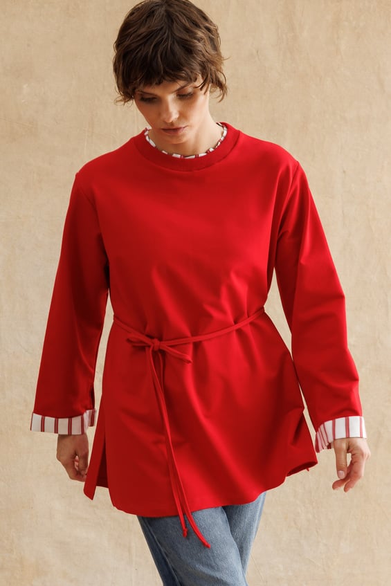 Linea Çizgili Garnili Kuşaklı Tunik Sweat-Kırmızı