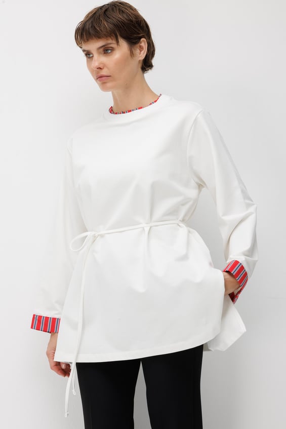 Linea Çizgili Garnili Kuşaklı Tunik Sweat-Ekru