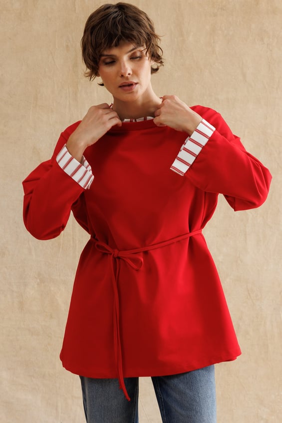 Linea Çizgili Garnili Kuşaklı Tunik Sweat-Kırmızı