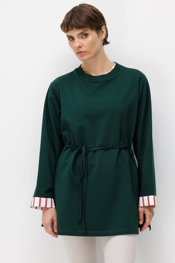 Linea Çizgili Garnili Kuşaklı Tunik Sweat-ZÜMRÜT