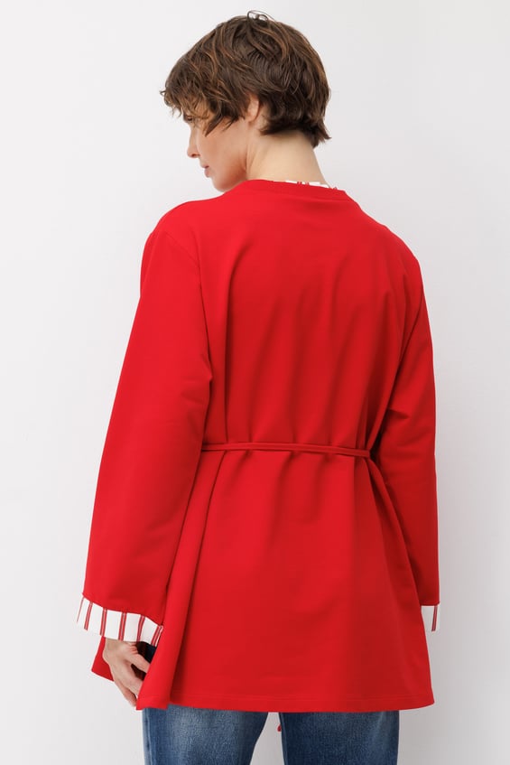 Linea Çizgili Garnili Kuşaklı Tunik Sweat-Kırmızı