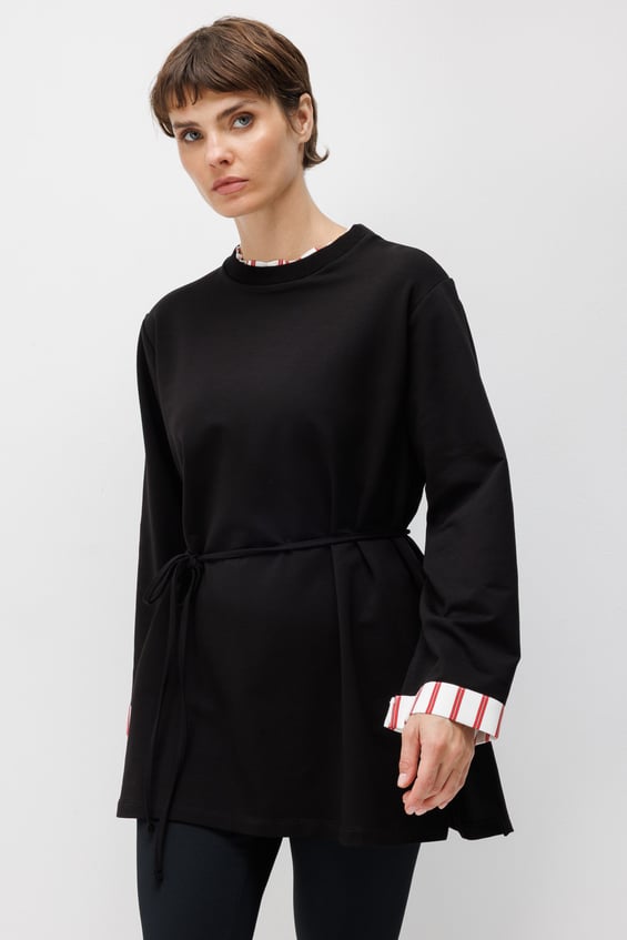Linea Çizgili Garnili Kuşaklı Tunik Sweat-Siyah