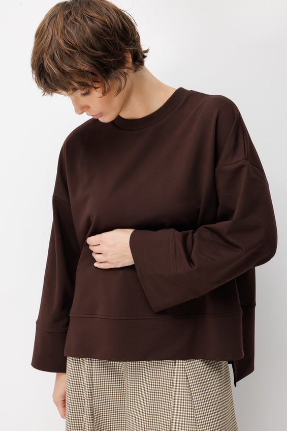 Örme Asimetrik Kesim Düşük Omuz Sweat Tunik-Kahve