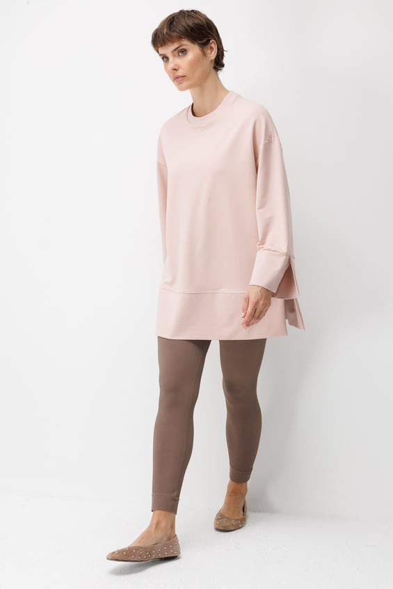 Örme Kol ve Yırtmaç Detaylı Tunik Sweatshirt-Pudra