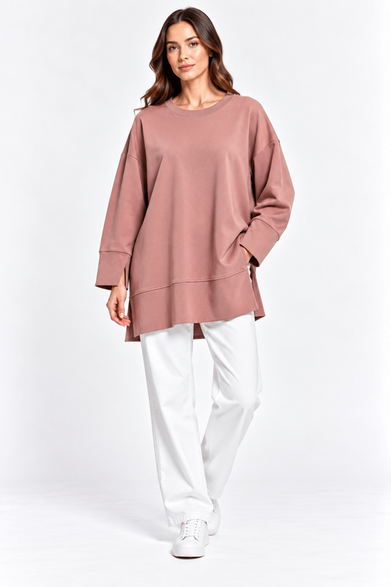 Örme Kol ve Yırtmaç Detaylı Tunik Sweatshirt-Gül