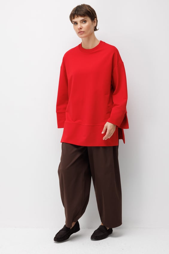 Örme Kol ve Yırtmaç Detaylı Tunik Sweatshirt-Kırmızı