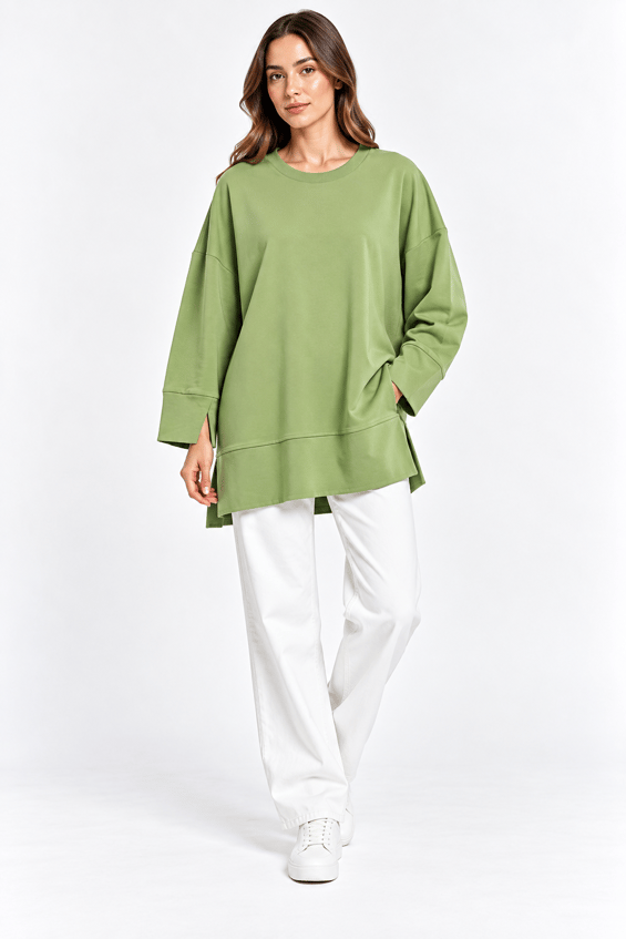 Örme Kol ve Yırtmaç Detaylı Tunik Sweatshirt-Yeşil
