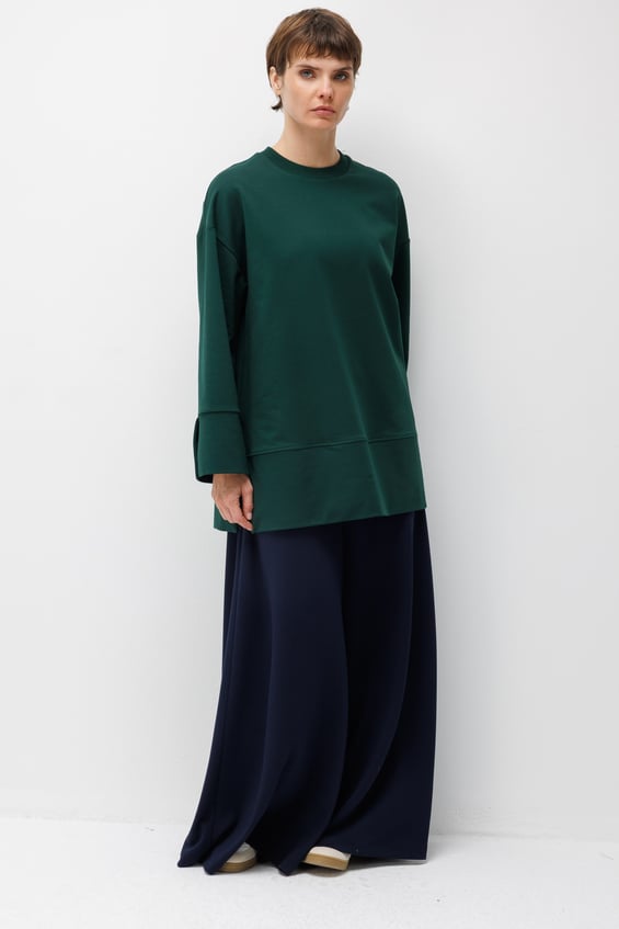 Örme Kol ve Yırtmaç Detaylı Tunik Sweatshirt-ZÜMRÜT