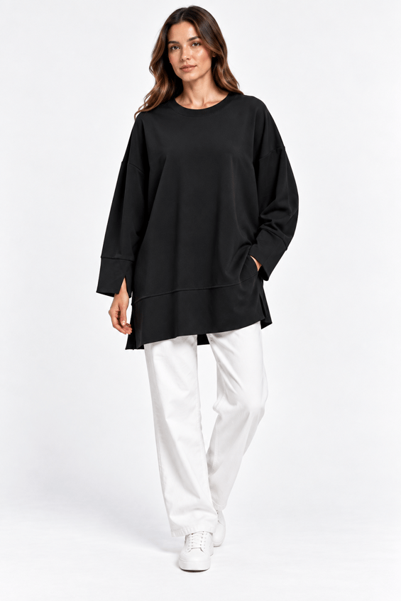 Örme Kol ve Yırtmaç Detaylı Tunik Sweatshirt-Siyah