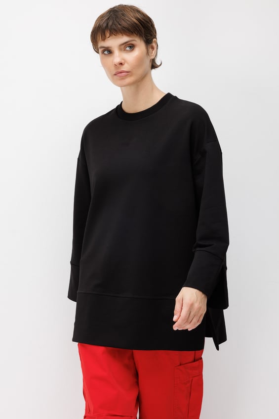 Örme Kol ve Yırtmaç Detaylı Tunik Sweatshirt-Siyah