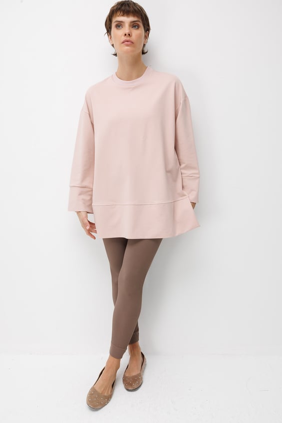 Örme Kol ve Yırtmaç Detaylı Tunik Sweatshirt-Pudra