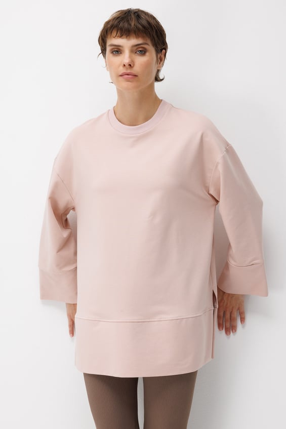 Örme Kol ve Yırtmaç Detaylı Tunik Sweatshirt-Pudra