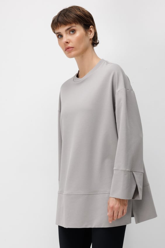 Örme Kol ve Yırtmaç Detaylı Tunik Sweatshirt-Gri