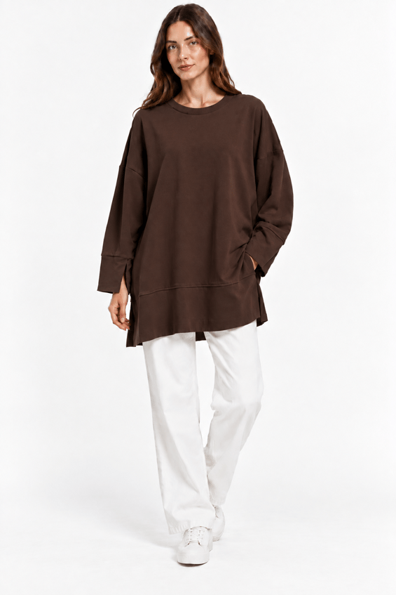 Örme Kol ve Yırtmaç Detaylı Tunik Sweatshirt-Kahve