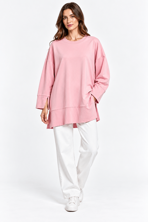 Örme Kol ve Yırtmaç Detaylı Tunik Sweatshirt-Pembe