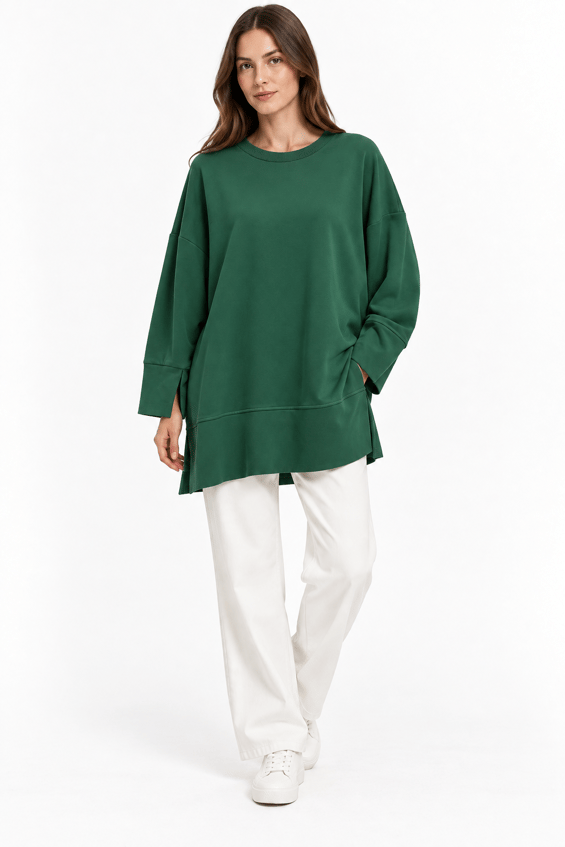 Örme Kol ve Yırtmaç Detaylı Tunik Sweatshirt-ZÜMRÜT