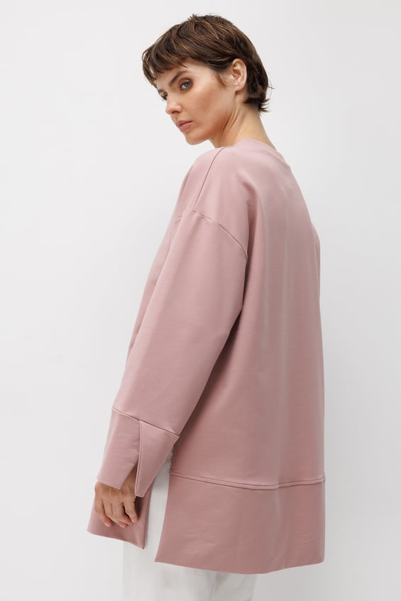 Örme Kol ve Yırtmaç Detaylı Tunik Sweatshirt-Gül