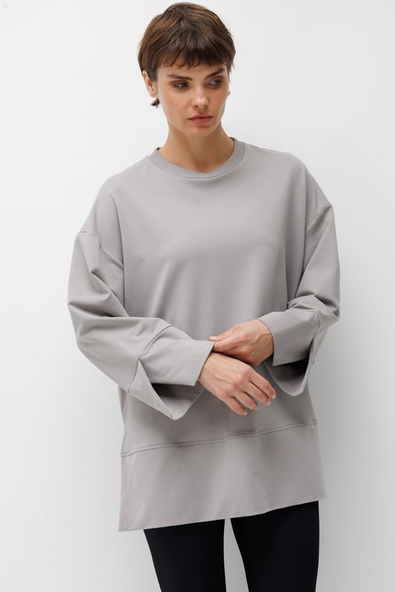 Örme Kol ve Yırtmaç Detaylı Tunik Sweatshirt-Gri