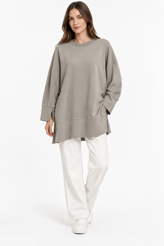 Örme Kol ve Yırtmaç Detaylı Tunik Sweatshirt-Gri