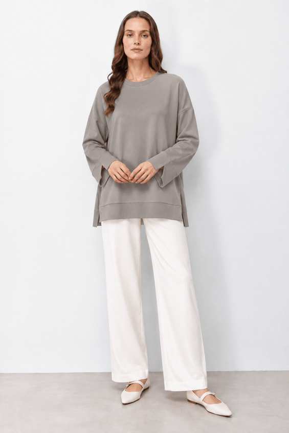Örme Kol ve Yırtmaç Detaylı Tunik Sweatshirt-Gri