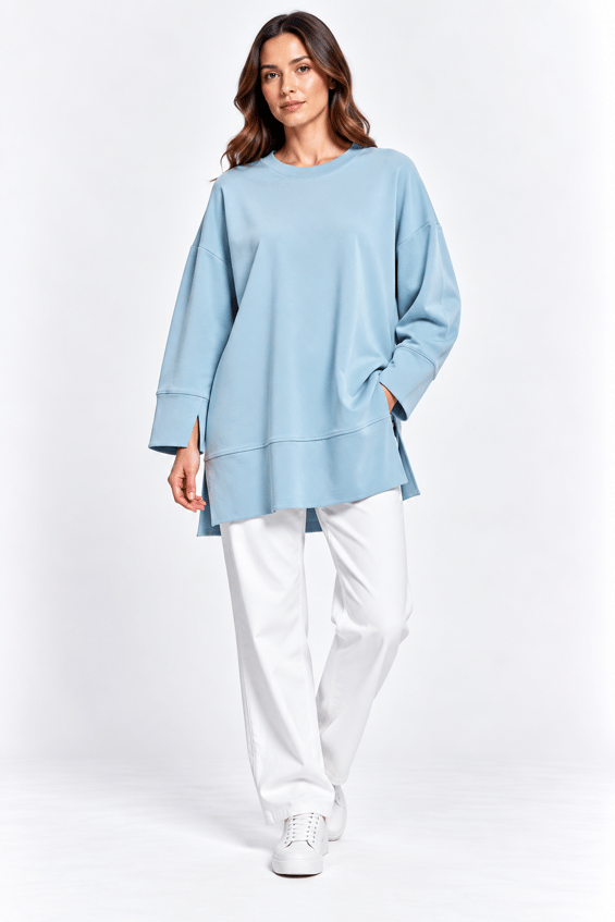Örme Kol ve Yırtmaç Detaylı Tunik Sweatshirt-Mavi
