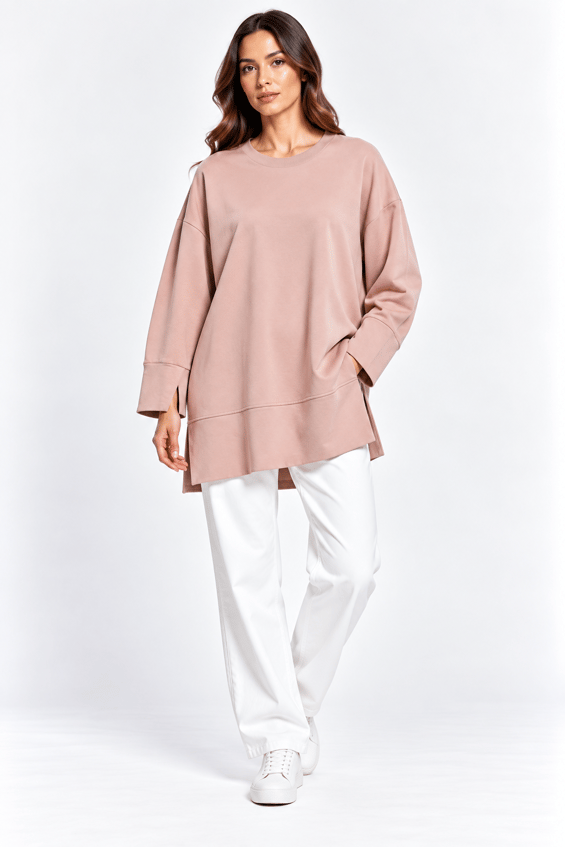 Örme Kol ve Yırtmaç Detaylı Tunik Sweatshirt-Pudra