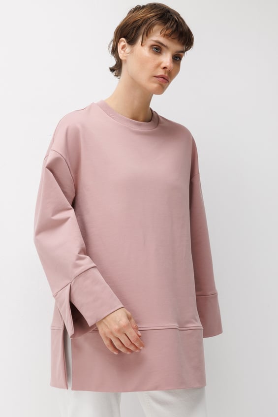Örme Kol ve Yırtmaç Detaylı Tunik Sweatshirt-Gül