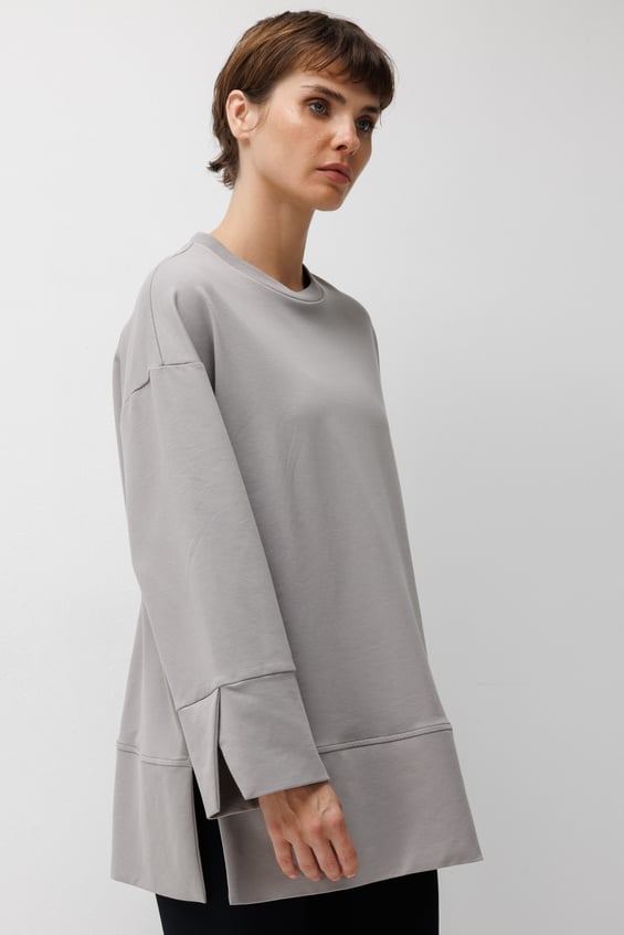 Örme Kol ve Yırtmaç Detaylı Tunik Sweatshirt-Gri