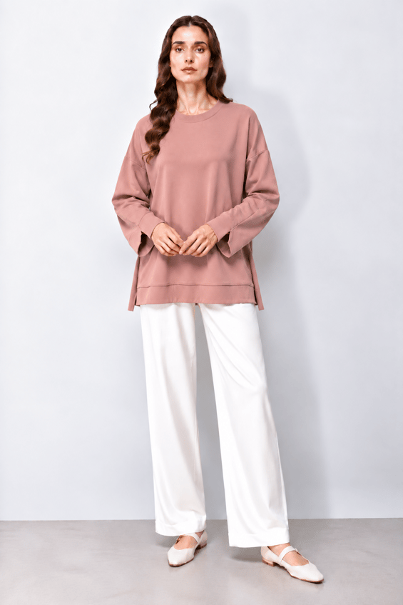 Örme Kol ve Yırtmaç Detaylı Tunik Sweatshirt-Gül