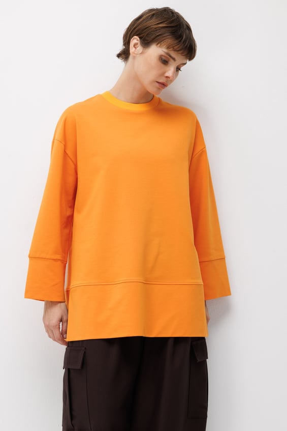 Örme Kol ve Yırtmaç Detaylı Tunik Sweatshirt-Oranj