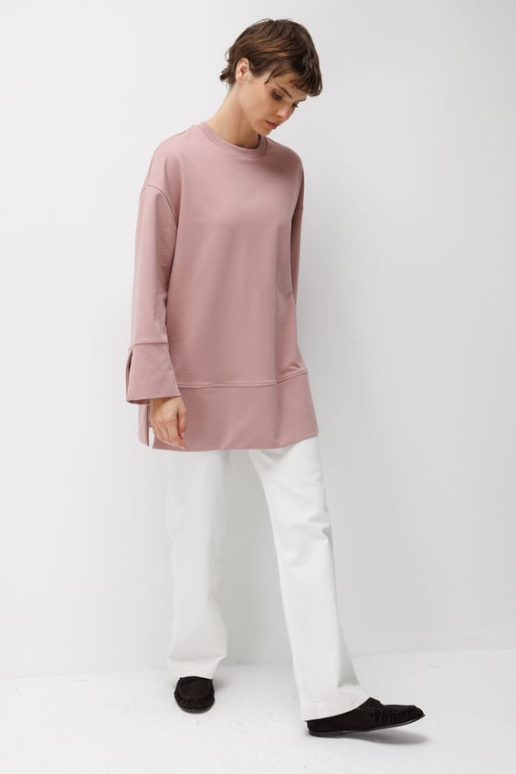 Örme Kol ve Yırtmaç Detaylı Tunik Sweatshirt-Gül