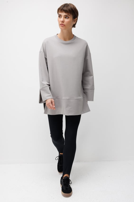 Örme Kol ve Yırtmaç Detaylı Tunik Sweatshirt-Gri