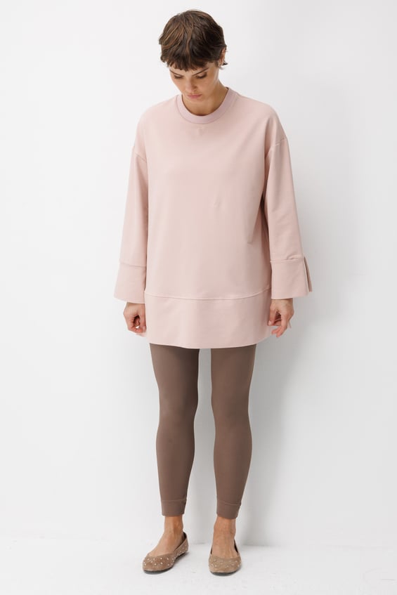 Örme Kol ve Yırtmaç Detaylı Tunik Sweatshirt-Pudra