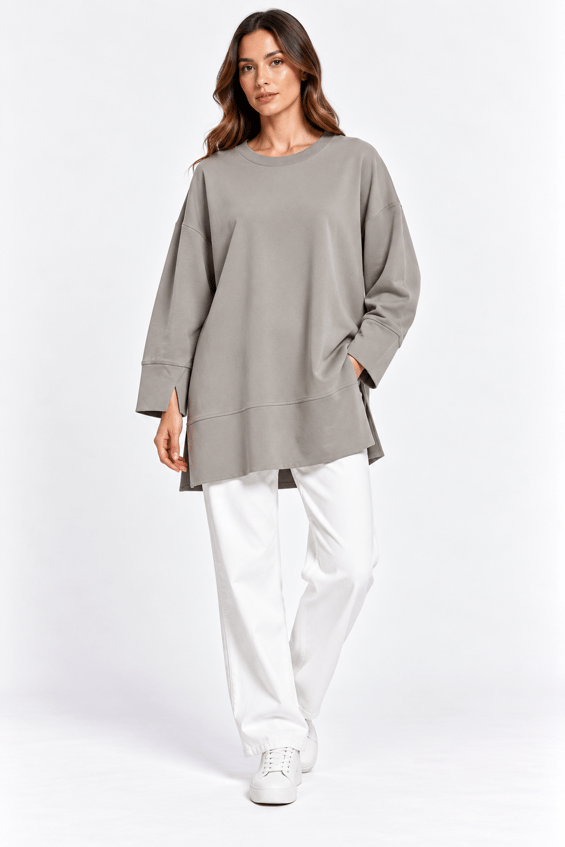 Örme Kol ve Yırtmaç Detaylı Tunik Sweatshirt-Vizon