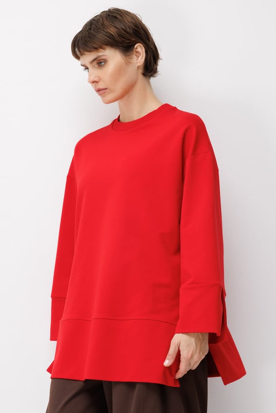Örme Kol ve Yırtmaç Detaylı Tunik Sweatshirt-Kırmızı