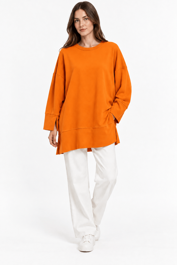 Örme Kol ve Yırtmaç Detaylı Tunik Sweatshirt-Oranj