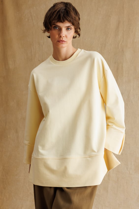 Örme Kol ve Yırtmaç Detaylı Tunik Sweatshirt-Sarı